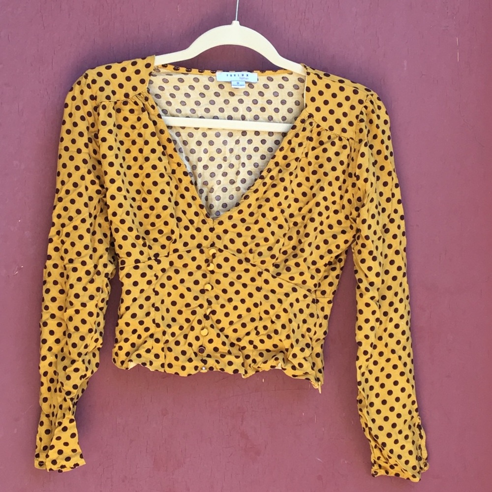 Mustard yellow crop top w/ burgundy polka dots